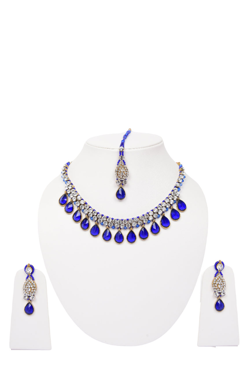 Namokriti Royal Blue Stone Jewellery Set – Necklace, Earrings & Maang Tikka Combo